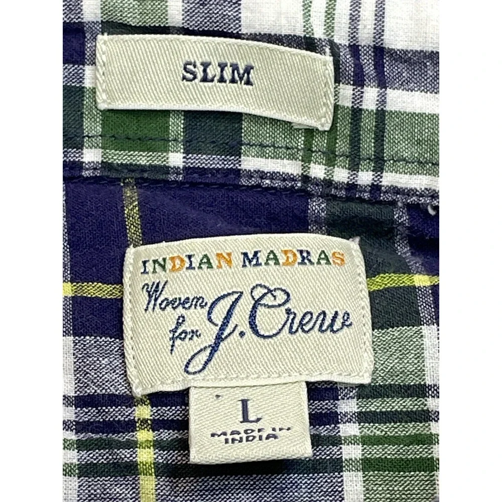J. Crew Indian Madras‎ Men Slim Fit Plaid Button Down Blue Green L/S Shirt XL.
